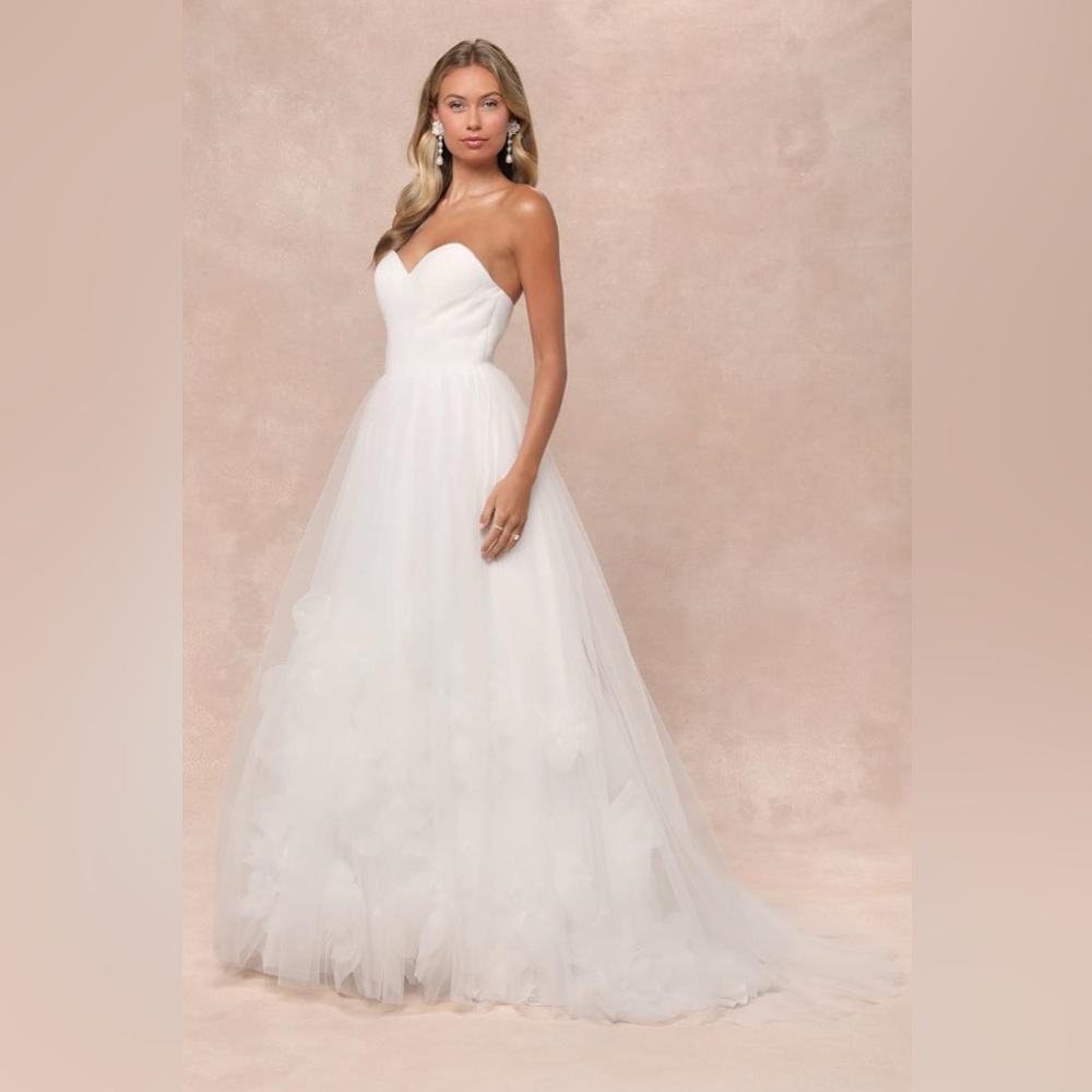 Lulus Beloved Vow Strapless Wedding Dress Small White Tulle 3D Flower Pleated - Picture 4 of 12